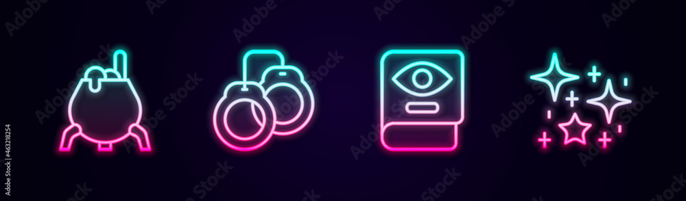 Set line Witch cauldron, Handcuffs, Ancient magic book and Magical glitter particles. Glowing neon icon. Vector Set line Witch cauldron, Handcuffs, Ancient magic book and Magical glitter particles. Glowing neon icon. Vector