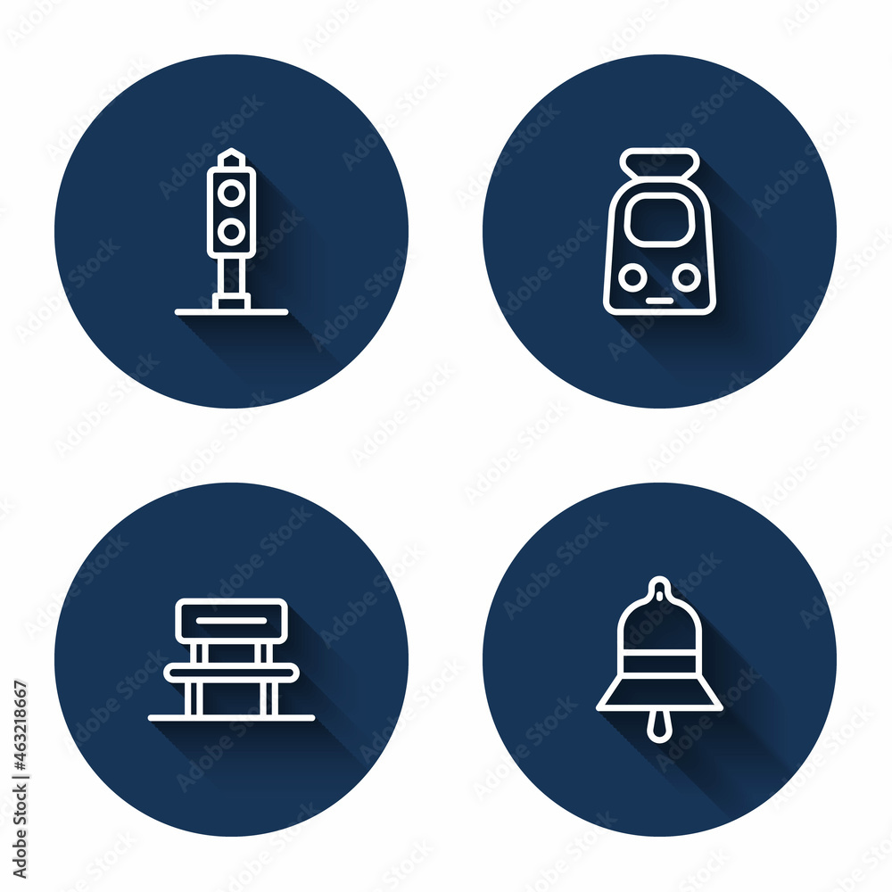 Set line Train traffic light, and railway, Waiting hall and station bell with long shadow. Blue circle button. Vector Set line Train traffic light, and railway, Waiting hall and station bell with long shadow. Blue circle button. Vector