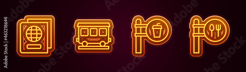 Set line Passport, Passenger train cars, Cafe and restaurant location and . Glowing neon icon. Vector