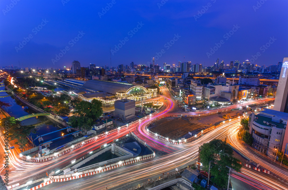 aerial view of bangkok architectures in smart city for technology background. Skyscraper buildings in Bangkok City at night, Thailand
