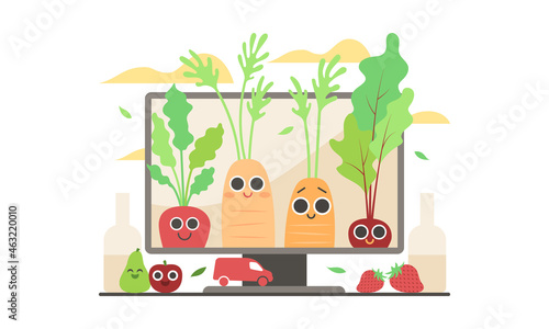 Illustration de landing page pour site web, vente en ligne de produits frais bio, légumes et fruits, agriculture locale et responsable, dessin mignon et fun, conseils de jardinage