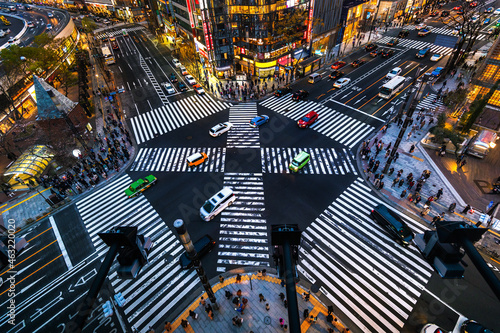 Aerial view of intersection in Ginza, Tokyo, Japan at night. photo