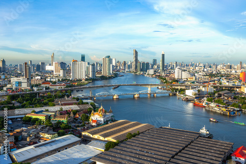 Aerial view of Bangkok City skyline by Chao Phraya River in Thailand 