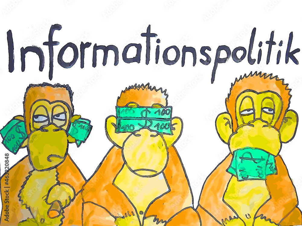 Drei Affen „nichts sehen, nichts hören, nichts sagen“ mit Geldscheinen und der Überschrift 