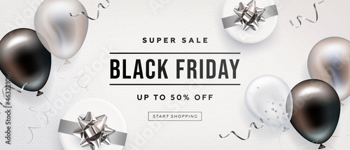 Black friday horizontal sale banner with realistic glossy balloons, gift box and discount text. Vector illustration