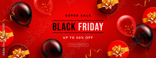 Black friday horizontal sale banner with realistic glossy balloons, gift box and discount text on red background. Vector illustration