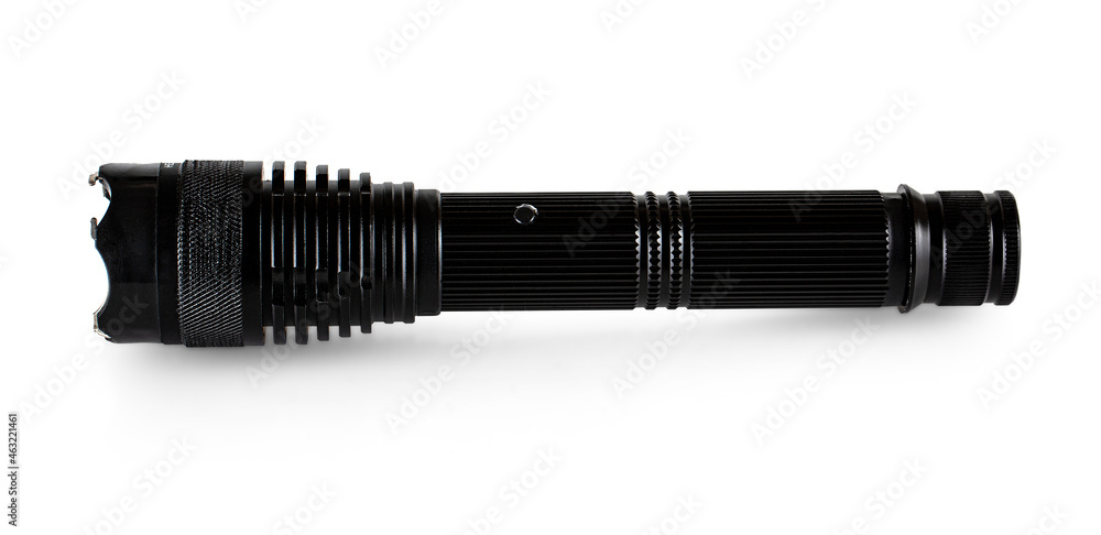metal black flashlight. Portable flashlight isolate on a white background. metal black flashlight. Portable flashlight isolate on a white background.