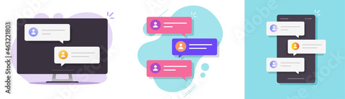 Chat text messages online notices via cell phone and computer screen or chatting bubble speeches balloons notifications isolated on laptop and smartphone vector flat cartoon modern illustration