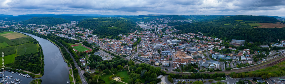 Aerial view of the city Merzig on a cloudy day in summer