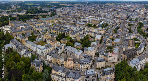 Aerial view of the city Luxembourg on a cloudy day in summer