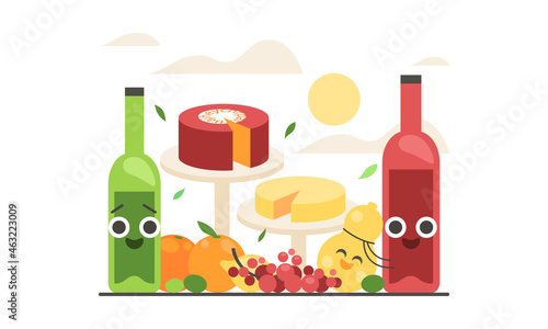 Illustration pour commerce alimentaire, caviste ou fromager, bouteille de vin rouge avec des yeux et un sourire, plateau de fromage à déguster, original et joyeux