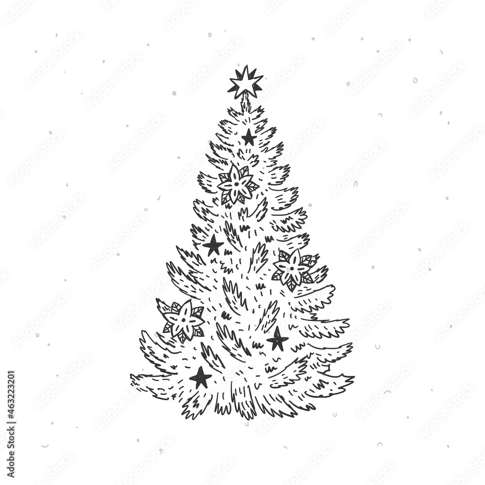 Beautiful Christmas tree hand drawn illustration. Vector vintage Christmas tree with decorations