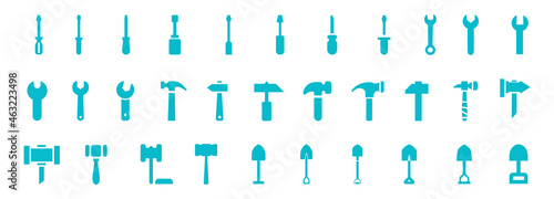 wrench, tool kit, plumbing and repair, hammers and screwdrivers, blue shovels for digging