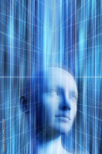 humanoid head as concept for Artificial Intelligence, future generations of humans, technology singularity, cyberlife and digitally created personas photo