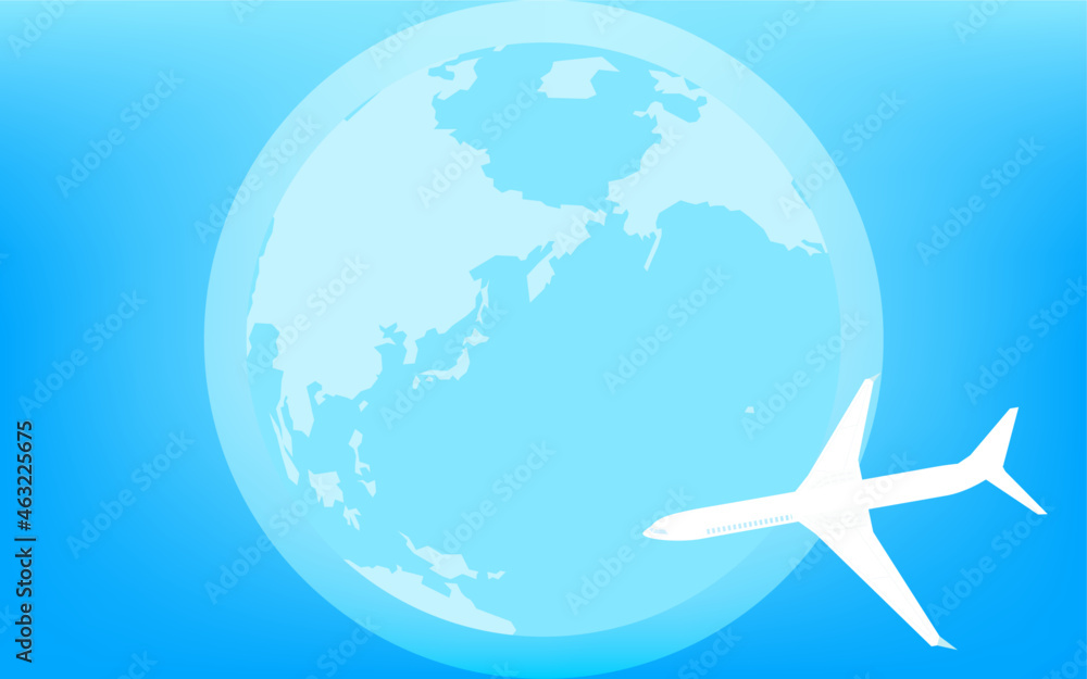 Fototapeta premium 青く光る地球（ユーラシア大陸と太平洋）と飛行機