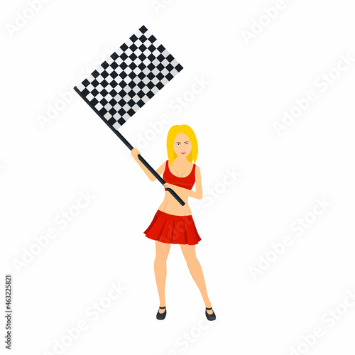 Woman with a racing flag. Finish flag, vector illustration