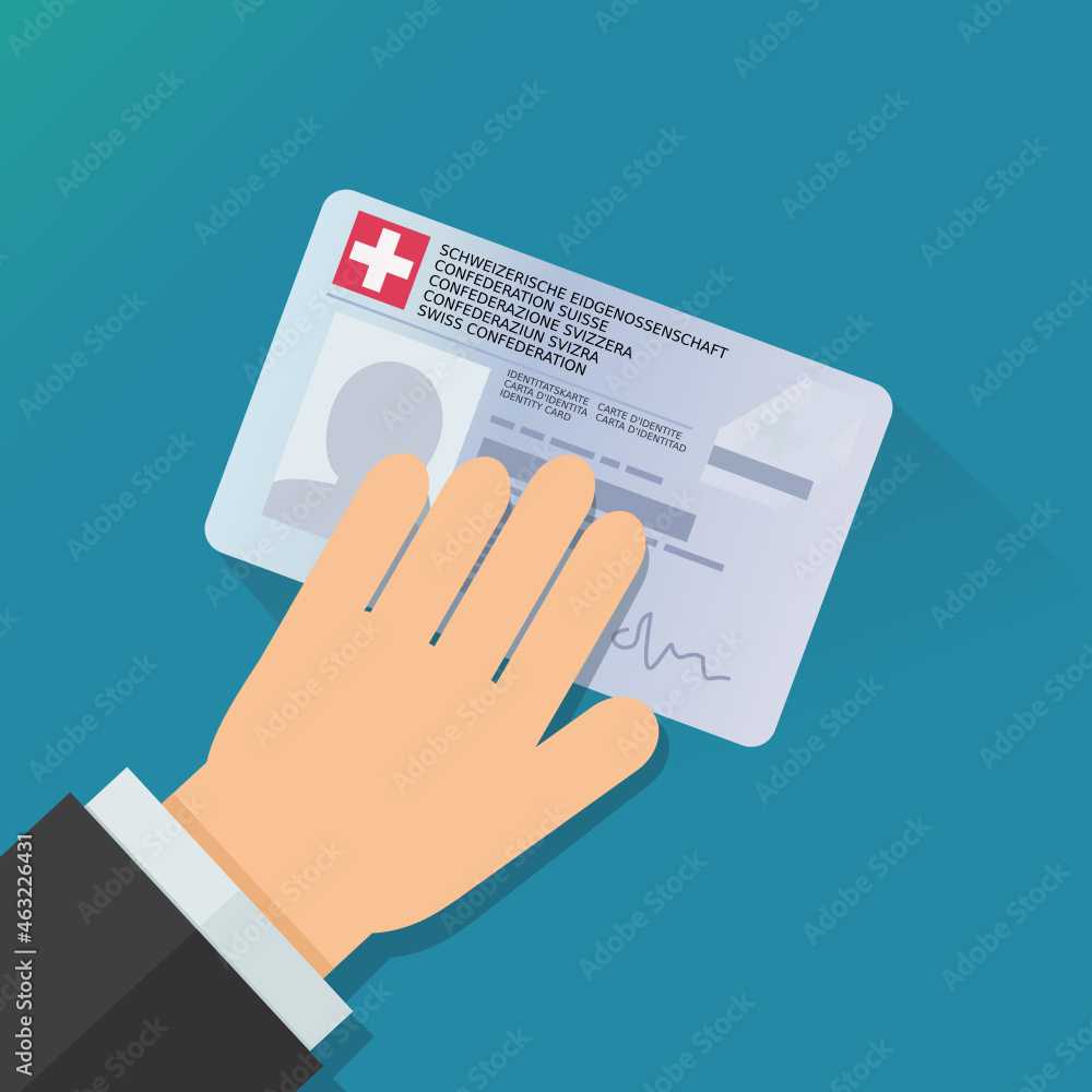A hand present an identity card of the Swiss Confederation (Identity card and Swiss Confederation are written in the 5 official languages: French, German, Italian, English, and Romansh) (Flat design) A hand present an identity card of the Swiss Confederation (Identity card and Swiss Confederation are written in the 5 official languages: French, German, Italian, English, and Romansh) (Flat design)