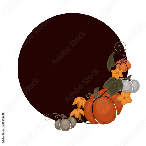 Autumn template with pumpkins, foliage, vine curled, flowers and copy space. Vector round border with flat hand drawn vegetables and floral decoration. Dark circle frame with garden harvest