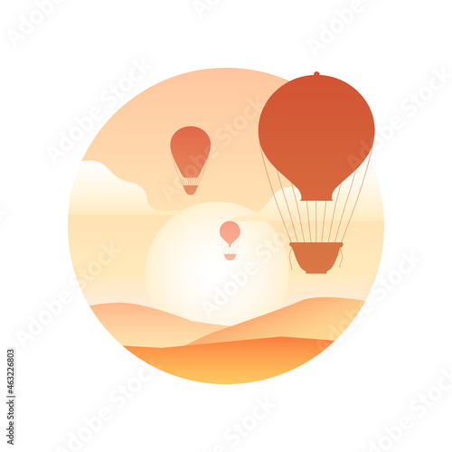 Illustration of vintage hot air balloon with in the sky, sunrise and hills. Silhouette of aerostat. Vector gradient image of balloons with baskets for stickers and postcards.