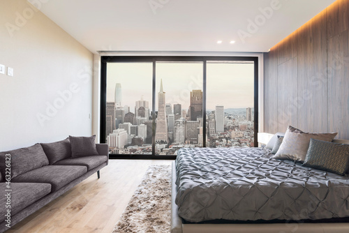 Canvas Print Modern and contemporary bedroom in San Francisco with views of the financial district of the city