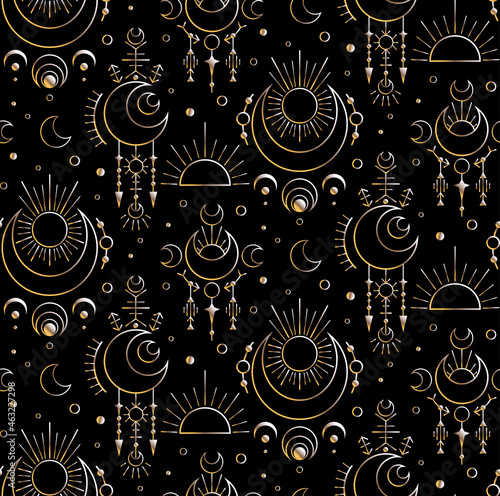 Seamless golden moon esoteric pattern. Contour space sacred pattern. Vector magic texture with stars, crescent and sun on a black background. Luxurious witchcraft ornament.