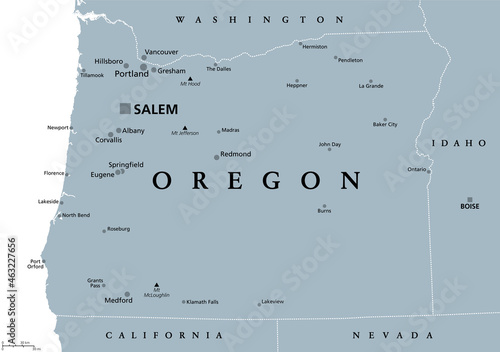 Oregon, OR, gray political map, with the capital Salem and borders. State in the Pacific Northwest region of the Western United States of America, nicknamed The Beaver State. Illustration. Vector. photo