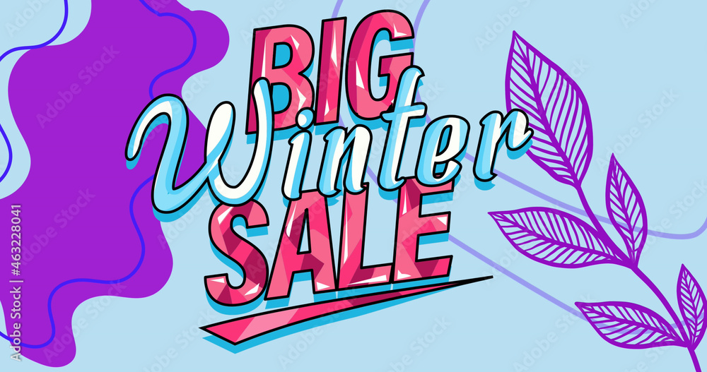 Image of big winter sale on blue and purple background