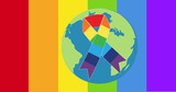 Image of rainbow ribbon over globe on rainbow background