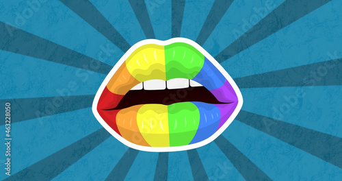 Image of rainbow lips over blue background