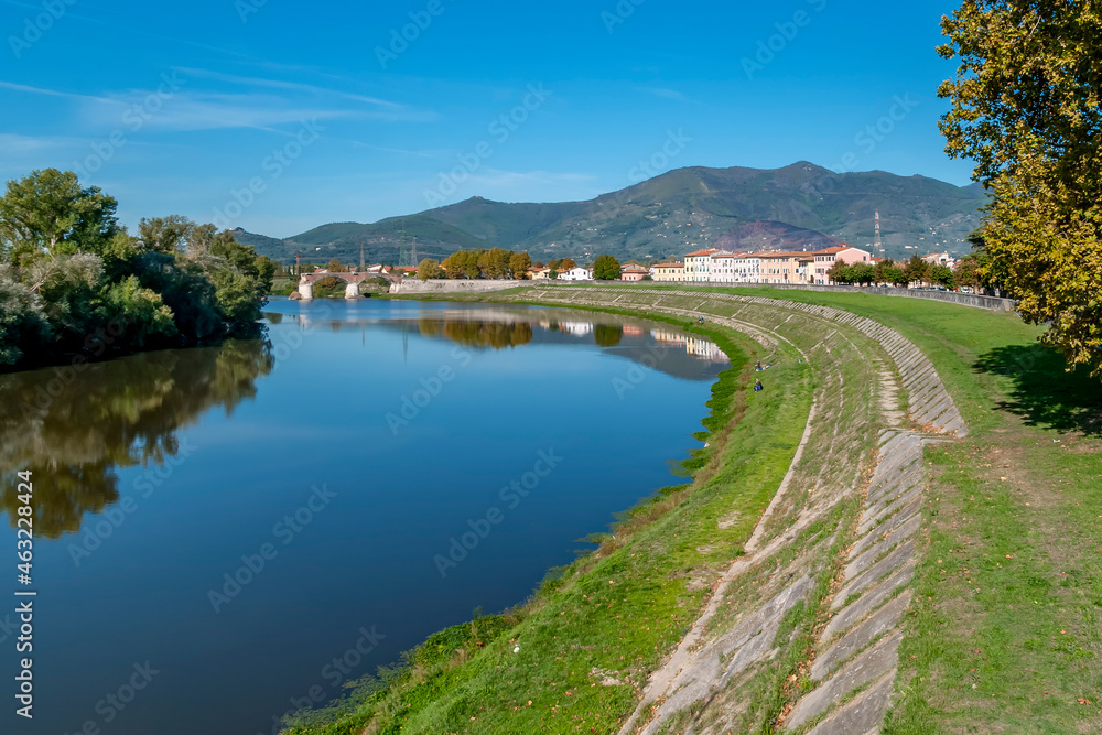 Panoramic view of Calcinaia, Pisa, Italy and the Arno river running through it