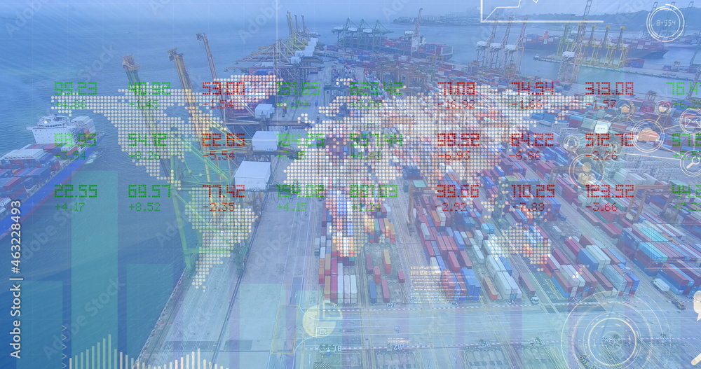 Stock market data processing over world map against aerial view of port Stock market data processing over world map against aerial view of port