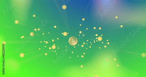 Image of yellow spots of light floating over green, then connected bitcoins on red