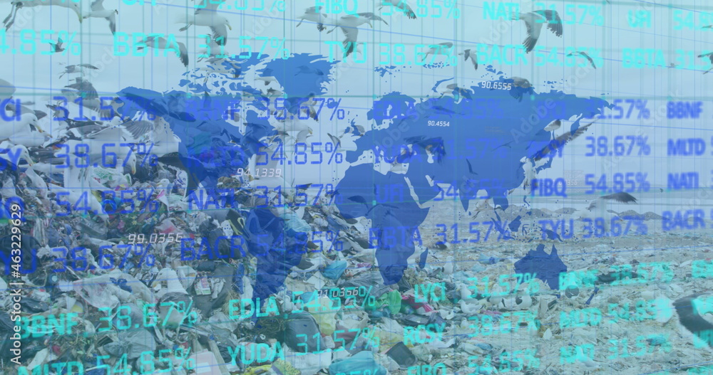 Fototapeta premium Stock market data processing over world map against landfill with birds flying in the sky