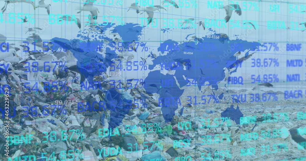 Stock market data processing over world map against landfill with birds flying in the sky