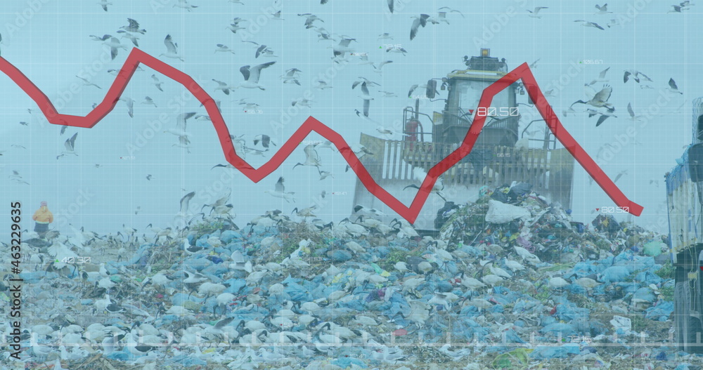 Obraz premium Red graph moving over grid network against bulldozer working on landfill with birds in the sky