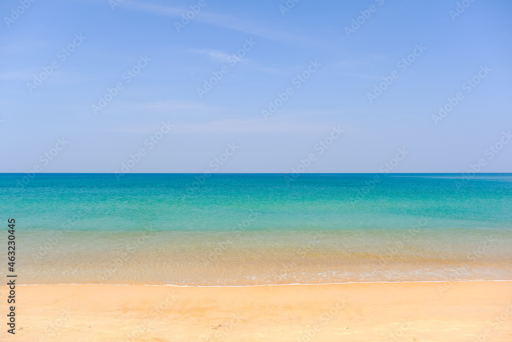Tropical beach seaside and blue sky at Mai Khao beach of Phuket province, beautiful seascape in Thailand Tropical beach seaside and blue sky at Mai Khao beach of Phuket province, beautiful seascape in Thailand