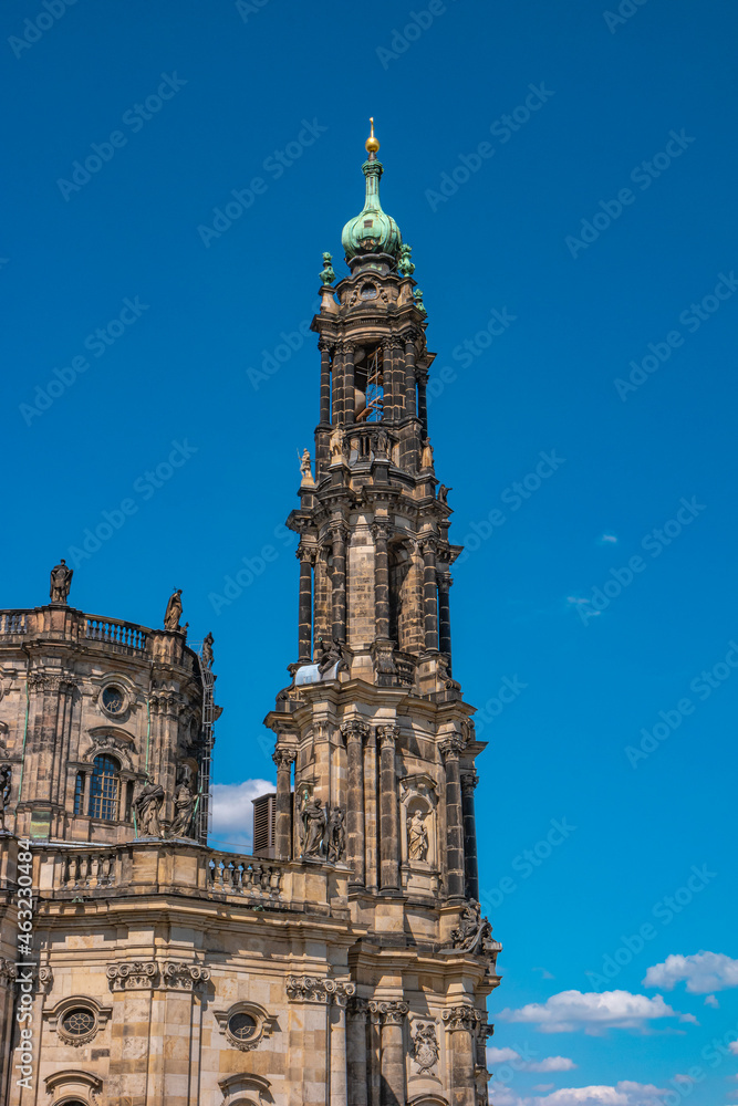 Catholic Cathedral of Holy Trinity, Hofkirche in downtown of Dresden in summer sunny day with blue sky, Germany, details, closeup. Catholic Cathedral of Holy Trinity, Hofkirche in downtown of Dresden in summer sunny day with blue sky, Germany, details, closeup.