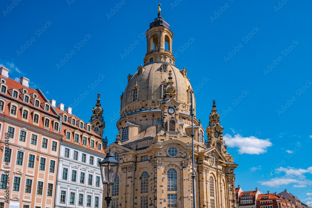 Church of Our Lady at Neumarkt square in downtown of Dresden in summer sunny day with blue sky, Germany, details, closeup.