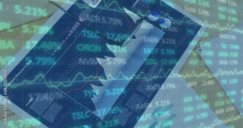 Fototapeta premium Image of financial data processing over person writing in office