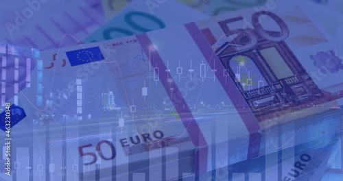 Image of financial data processing over euro currency banknotes