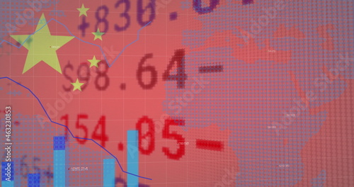 Image of chinese flag waving over financial data processing and world map