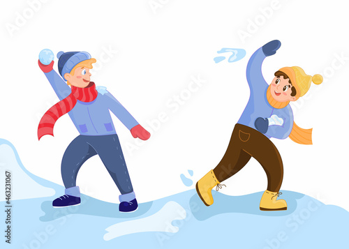 Vector illustration of winter children. Boys are playing snowballs. Funny cartoon characters. Christmas cards
