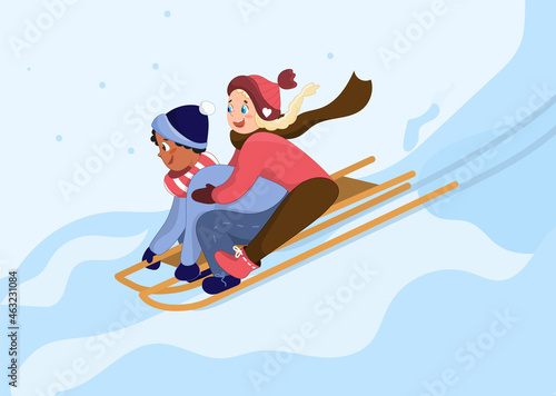 Children are sledding down the hill. Happy children's characters in cartoon style. Snowy weather, winter entertainment, the concept of outdoor activities