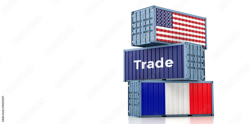 Shipping containers with France and USA flag. 3D Rendering Shipping containers with France and USA flag. 3D Rendering