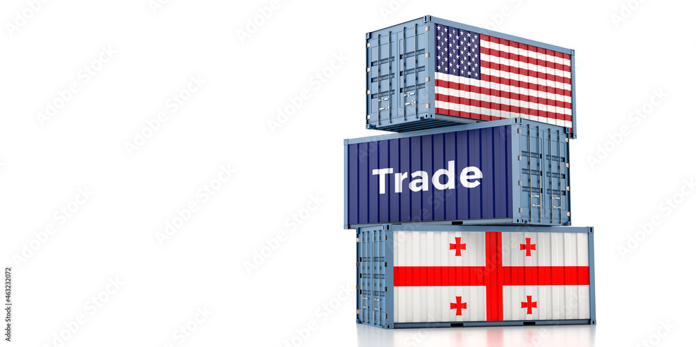 Shipping containers with Georgia and USA flag. 3D Rendering Shipping containers with Georgia and USA flag. 3D Rendering