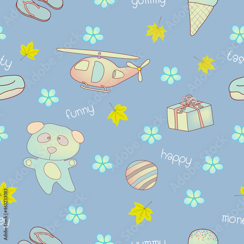Cute pattern seamless background, gift and toy vector illustration.