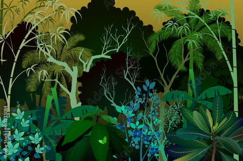 Silhouette of forest at twilight hand drawing style, vector illustration.