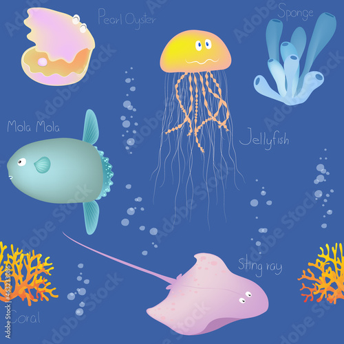 Cute marine life seamless pattern background, hand drawing vector illustration.