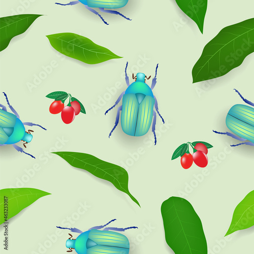 Cute pattern seamless background, beetle and leaves vector illustration.