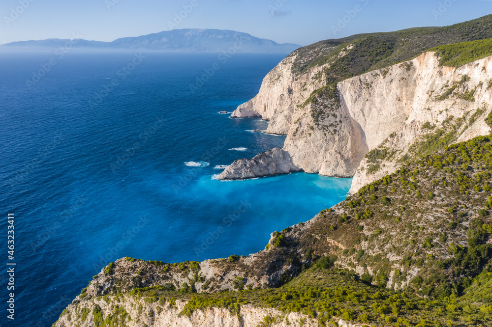 Aerial view of limestone cliffs close to Navagio or Shipwreck Beach on Zakynthos Island, Greece. Summer vacation travel concept Aerial view of limestone cliffs close to Navagio or Shipwreck Beach on Zakynthos Island, Greece. Summer vacation travel concept